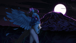 Size: 1800x1023 | Tagged: safe, artist:margony, imported from derpibooru, oc, oc only, oc:strumbeat strings, anthro, pegasus, anthro oc, bow, clothes, commission, crying, feather, female, guitar, hair bow, jeans, mare, moon, mountain, musical instrument, night, pants, rule 63, shirt, solo, spread wings, starry night, stars, teary eyes, wings