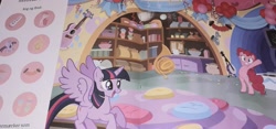 Size: 3140x1468 | Tagged: safe, imported from derpibooru, pinkie pie, twilight sparkle, alicorn, earth pony, pony, season 8, spoiler:s08, 2018, accordion, balloon, banner, book, candy, classroom, decoration, denmark, disco ball, drawer, food, guitar, hind legs, music, musical instrument, party, photo, prancing, school of friendship, sticker, streamers, twilight sparkle (alicorn)
