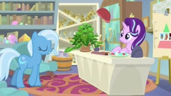 Size: 1920x1080 | Tagged: safe, imported from derpibooru, screencap, big macintosh, doctor whooves, octavia melody, phyllis, starlight glimmer, time turner, trixie, earth pony, pony, unicorn, a horse shoe-in, female, male, mare, potted plant, stallion, starlight's office