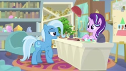 Size: 1920x1080 | Tagged: safe, imported from derpibooru, screencap, big macintosh, doctor whooves, octavia melody, phyllis, starlight glimmer, time turner, trixie, earth pony, pony, unicorn, a horse shoe-in, female, male, mare, potted plant, stallion, starlight's office