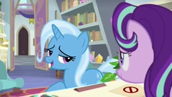 Size: 1920x1080 | Tagged: safe, imported from derpibooru, screencap, phyllis, starlight glimmer, trixie, pony, unicorn, a horse shoe-in, eyes closed, female, happy, mare, starlight's office