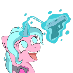 Size: 3000x3000 | Tagged: safe, artist:aezaelia, imported from derpibooru, oc, oc only, oc:candy chip, cyborg, pony, the sunjackers, cyberpunk, delet this, female, glock, gun, happy, headphones, magic, mare, meme, open mouth, pistol, simple background, smiling, solo, telekinesis, transparent background, weapon