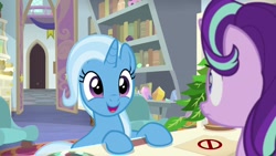 Size: 1920x1080 | Tagged: safe, imported from derpibooru, screencap, phyllis, starlight glimmer, trixie, pony, unicorn, a horse shoe-in, bookshelf, cute, diatrixes, duo, excited, eyes closed, female, folder, frown, happy, hooves on the table, mare, open mouth, philodendron, school of friendship, smiling, starlight's office, too cute