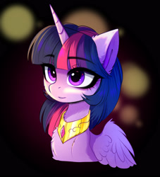 Size: 2556x2820 | Tagged: safe, artist:empress-twilight, imported from derpibooru, twilight sparkle, alicorn, pony, bust, cheek fluff, chest fluff, collar, cute, ear fluff, eye clipping through hair, female, high res, i can't believe it's not magnaluna, jewelry, mare, neck fluff, necklace, solo, style emulation, twiabetes, twilight sparkle (alicorn), wing fluff