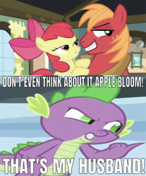 Size: 641x775 | Tagged: safe, edit, edited screencap, editor:undeadponysoldier, imported from derpibooru, screencap, apple bloom, big macintosh, spike, dragon, earth pony, pony, bedroom eyes, caption, don't even think about it, female, filly, gay, image macro, implied macbloom, implied shipping, implied straight, male, meme, shipping, smug, spikentosh, stallion, text, wrong aspect ratio