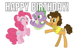 Size: 750x481 | Tagged: artist needed, safe, artist:kyrospawn, artist:php11, artist:zutheskunk edits, edit, editor:undeadponysoldier, imported from derpibooru, cheese sandwich, pinkie pie, spike, dragon, earth pony, pony, birthday, caption, cute, diapinkes, female, happy, happy birthday, image macro, male, mare, simple background, spike's birthday, spikelove, stallion, text, white background