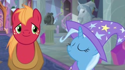 Size: 1920x1080 | Tagged: safe, imported from derpibooru, screencap, big macintosh, trixie, earth pony, pony, unicorn, a horse shoe-in, clothes, female, hat, male, mare, stallion, trixie's hat