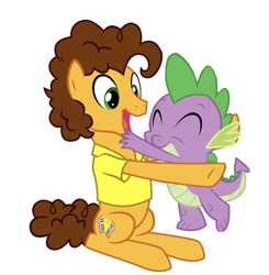 Size: 750x764 | Tagged: artist needed, safe, editor:undeadponysoldier, imported from derpibooru, cheese sandwich, spike, dragon, earth pony, pony, cheespike, crack shipping, cute, daaaaaaaaaaaw, diacheeses, gay, happy, hug, male, shipping, simple background, spikabetes, spikelove, stallion, white background