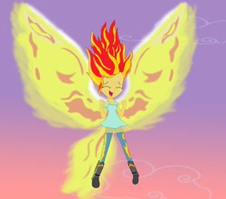 Size: 950x841 | Tagged: safe, artist:gamzyjam, imported from derpibooru, sunset shimmer, equestria girls, my past is not today, cute, eyes closed, female, fiery wings, open mouth, scene interpretation, shimmerbetes, solo, sunset phoenix, wings