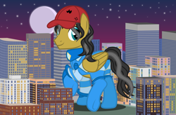 Size: 3687x2419 | Tagged: safe, artist:silly-yellow-pone, imported from derpibooru, oc, oc only, oc:small block, oc:ultramare, pegasus, pony, bodysuit, city, giant pony, hat, looking back, macro, ultrabutt, vector