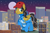 Size: 3687x2419 | Tagged: safe, artist:silly-yellow-pone, imported from derpibooru, oc, oc only, oc:small block, oc:ultramare, pegasus, pony, bodysuit, city, giant pony, hat, looking back, macro, ultrabutt, vector