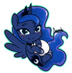 Size: 990x1012 | Tagged: safe, artist:lilliesinthegarden, imported from derpibooru, princess luna, alicorn, pony, beanbrows, blushing, chibi, crown, cute, ethereal mane, eyebrows, eyebrows visible through hair, female, heart eyes, jewelry, lunabetes, mare, mare in the moon, moon, regalia, simple background, solo, starry mane, tangible heavenly object, white background, wingding eyes