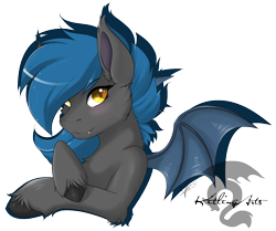 Size: 978x817 | Tagged: safe, artist:kitlingarts, imported from derpibooru, oc, oc only, oc:speck, bat pony, pony, bat pony oc, blushing, bust, cheek fluff, chest fluff, ear fluff, female, leg fluff, simple background, solo, transparent background, unshorn fetlocks, watermark