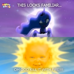 Size: 750x750 | Tagged: safe, edit, edited screencap, imported from derpibooru, screencap, princess luna, alicorn, pony, to where and back again, baby sun, dank meme, dank memes, dankest meme, meme, moon, sun, teletubbies