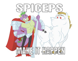 Size: 750x588 | Tagged: safe, artist:multiversecafe, editor:undeadponysoldier, imported from derpibooru, bulk biceps, spike, dragon, abs, armor, beefspike, exploitable meme, gay, gigachad spike, lance, make it happen, male, meme, muscles, older, older spike, shipping, spiceps, stallion, strong, weapon