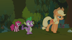 Size: 2100x1181 | Tagged: safe, imported from derpibooru, screencap, applejack, pinkie pie, spike, twilight sparkle, dragon, earth pony, pony, unicorn, feeling pinkie keen, everfree forest, female, forest, group, lidded eyes, male, mare, quartet, tree, unicorn twilight