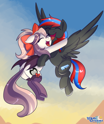 Size: 2655x3183 | Tagged: safe, artist:xwhitedreamsx, imported from derpibooru, oc, oc only, oc:smooth walker, oc:sweet velvet, bat pony, pegasus, pony, cloud, commission, female, flying, hug, male, mare, stallion