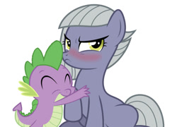 Size: 750x539 | Tagged: safe, artist:jhayarr23, edit, editor:undeadponysoldier, imported from derpibooru, limestone pie, spike, earth pony, pony, the maud couple, angry, blushing, crack shipping, cute, duo, eyeroll, female, hug, limestone is not amused, limestone pie is not amused, limetsun pie, male, mare, shipping, simple background, spikestone, straight, tsundere, white background