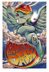 Size: 2600x3800 | Tagged: safe, artist:andypriceart, idw, imported from derpibooru, rainbow dash, pegasus, pony, female, flying, mare, name, one eye closed, solo, sun, wink