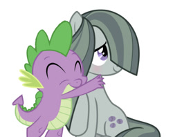Size: 750x593 | Tagged: safe, artist:thefrostspark, edit, editor:undeadponysoldier, imported from derpibooru, marble pie, spike, dragon, earth pony, pony, hearthbreakers, blushing, cute, daaaaaaaaaaaw, female, hair over one eye, hug, male, marblebetes, marblespike, mare, shipping, simple background, sitting, smiling, straight, white background