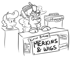 Size: 744x596 | Tagged: safe, artist:jargon scott, imported from derpibooru, kirin, black and white, cloven hooves, female, grayscale, hat, lineart, merkin, monochrome, quadrupedal, saleskirin, salespony, simple background, solo, vendor stall, white background, wig