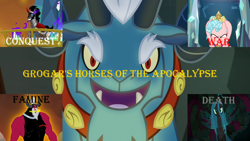 Size: 1280x720 | Tagged: safe, edit, edited screencap, imported from derpibooru, screencap, cozy glow, grogar, king sombra, lord tirek, queen chrysalis, centaur, changeling, changeling queen, pegasus, pony, unicorn, school raze, the beginning of the end, the crystal empire, the mean 6, twilight's kingdom, antagonist, crown, female, filly, foal, four horsemen of the apocalypse, horseman of conquest, horseman of death, horseman of famine, horseman of war, jewelry, legion of doom, male, regalia, stallion, text