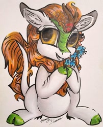Size: 803x995 | Tagged: safe, artist:gleamydreams, imported from derpibooru, autumn blaze, kirin, sounds of silence, cloven hooves, ear fluff, female, flower, foal's breath, golden eyes, looking at you, mare, orange hair, simple background, smiling, solo, traditional art, white background
