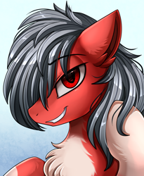 Size: 1446x1764 | Tagged: safe, artist:pridark, imported from derpibooru, oc, oc only, oc:night strider, pony, bust, chest fluff, coat markings, looking at you, pale belly, portrait, raffle winner, red eyes, smiling, socks (coat marking), socks (coat markings), solo