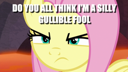 Size: 1050x591 | Tagged: safe, edit, edited screencap, imported from derpibooru, screencap, fluttershy, pony, keep calm and flutter on, sweet and smoky, caption, female, glare, image macro, solo, text