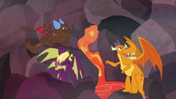Size: 1920x1080 | Tagged: safe, imported from derpibooru, screencap, billy (dragon), clump, fume, spear (dragon), dragon, sweet and smoky, billy, lava, male, rock, spear (g4), teenaged dragon, trio