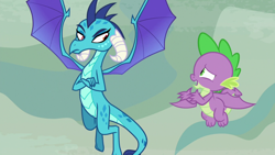 Size: 1920x1080 | Tagged: safe, imported from derpibooru, screencap, princess ember, spike, dragon, sweet and smoky, crossed arms, dragoness, duo, female, flying, male, spread wings, winged spike, wings