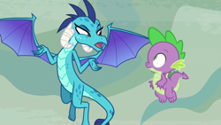 Size: 1920x1080 | Tagged: safe, imported from derpibooru, screencap, princess ember, spike, dragon, sweet and smoky, dragoness, duo, female, flying, male, narrowed eyes, spread arms, spread wings, wings