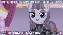 Size: 639x358 | Tagged: safe, edit, edited screencap, editor:undeadponysoldier, imported from derpibooru, screencap, inky rose, pony, honest apple, 2019, caption, clothes, cute, cute smile, dress, female, goth, halloween, holiday, image macro, inkybetes, looking at you, mare, meme, nightmare night, op is too early, pigtails, smiling, solo, talking to viewer, text, when she smiles