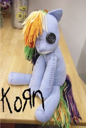 Size: 761x1132 | Tagged: safe, artist:charletothemagne, imported from derpibooru, rainbow dash, pegasus, pony, album cover, doll, female, issues, korn (album), photo, plushie, ragdoll, solo, toy