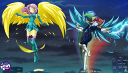 Size: 3386x1934 | Tagged: safe, artist:mauroz, imported from derpibooru, fluttershy, rainbow dash, saddle rager, zapp, equestria girls, armpits, clothes, digital art, female, power ponies, wings