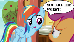 Size: 1280x720 | Tagged: safe, edit, edited screencap, imported from derpibooru, screencap, rainbow dash, scootaloo, pegasus, pony, the last crusade, abuse, background pony strikes again, clubhouse, cruel, crusaders clubhouse, downvote bait, duo, female, filly, mare, mouthpiece, op is a duck, op is trying to start shit, out of character, rainbow douche, sad, scootabuse, teary eyes