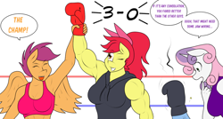 Size: 1280x687 | Tagged: safe, artist:matchstickman, imported from derpibooru, apple bloom, scootaloo, sweetie belle, oc, oc:calm wind, anthro, earth pony, pegasus, unicorn, tumblr:where the apple blossoms, anthro oc, apple brawn, armpits, biceps, boxing gloves, boxing ring, breasts, busty apple bloom, busty scootaloo, busty sweetie belle, clothes, comic, cutie mark crusaders, deltoids, dialogue, female, injured, male, mare, matchstickman's apple brawn series, muscles, muscular female, older, older apple bloom, older scootaloo, older sweetie belle, simple background, single panel, stallion, tumblr comic, white background