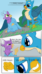 Size: 1080x1920 | Tagged: safe, artist:mrleft, imported from derpibooru, gallus, oc, oc:gyro feather, oc:gyro tech, griffon, comic, dialogue, griffonized, imminent vore, male, species swap