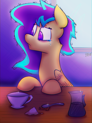 Size: 2160x2880 | Tagged: safe, artist:quicktimepony, imported from derpibooru, oc, oc only, oc:soloist song, pegasus, pony, coffee, coffee mug, colorful, colourful, crying, food, hooves, mane, mug, neon colors, night, remake, sad, signature, solo, spoon, sugar (food), table, window, wings