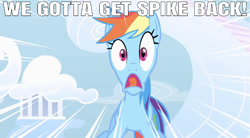 Size: 642x355 | Tagged: safe, edit, edited screencap, editor:undeadponysoldier, imported from derpibooru, screencap, rainbow dash, pegasus, pony, series:spikebob scalepants, sonic rainboom (episode), caption, cloudsdale, female, image macro, implied spike, mare, meme, panicking, parody, parody of a parody, reference, spongebob squarepants, text, unkle joe, we gotta get spongebob back!!, yelling