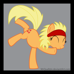 Size: 1733x1733 | Tagged: safe, artist:mrquallzin, imported from derpibooru, applejack, earth pony, pony, alternate hairstyle, cute, dancing, eyes closed, female, gray background, headband, jackabetes, mare, missing freckles, no nose, no nostrils, simple background, smiling, solo, standing, standing on one leg, watermark