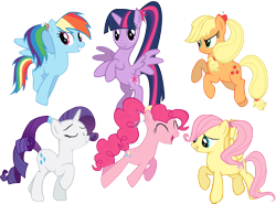 Size: 870x645 | Tagged: safe, artist:winxflorabloomroxy, imported from derpibooru, applejack, fluttershy, pinkie pie, rainbow dash, rarity, twilight sparkle, alicorn, earth pony, pegasus, pony, unicorn, alternate hairstyle, cute, dashabetes, diapinkes, eyes closed, female, happy, jackabetes, jumping, looking at you, mane six, mare, open mouth, pegasus wings, ponytail, raised hoof, raribetes, shyabetes, simple background, spread wings, transparent background, twiabetes, twilight sparkle (alicorn), wings