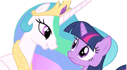 Size: 641x350 | Tagged: safe, artist:winxflorabloomroxy, imported from derpibooru, princess celestia, twilight sparkle, alicorn, pony, unicorn, crown, duo, duo female, eye contact, female, jewelry, looking at each other, mare, regalia, simple background, smiling, transparent background, unicorn twilight, vector