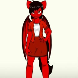 Size: 360x360 | Tagged: artist needed, safe, imported from derpibooru, oc, oc only, oc:ray dasher, anthro, bat pony, clothes, fangs, female, legs, looking at you, mare, miniskirt, shirt, simple background, skirt, smiling, solo, white background