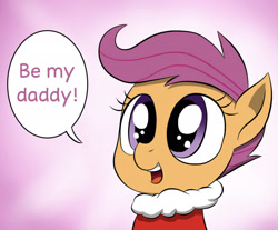 Size: 1890x1565 | Tagged: safe, artist:doublewbrothers, edit, imported from derpibooru, scootaloo, pony, clothes, cropped, female, solo, speech bubble, winter outfit