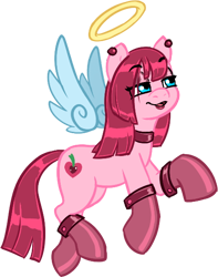 Size: 446x566 | Tagged: safe, alternate version, artist:soulcentinel, imported from derpibooru, pinkie pie, earth pony, pony, fanfic:twin fates, angel, boots, choker, cutie mark, ear piercing, eye clipping through hair, female, floating wings, lipstick, mare, piercing, shoes, simple background, smiling, solo, straight hair, transparent background, wings