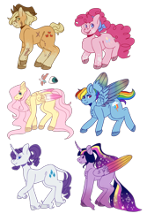 Size: 730x1095 | Tagged: safe, artist:flowercatbutters, imported from derpibooru, applejack, fluttershy, pinkie pie, rainbow dash, rarity, twilight sparkle, alicorn, earth pony, pegasus, pony, unicorn, alternate hairstyle, coat markings, cutie mark, ethereal mane, female, headcanon in the description, leonine tail, mane six, mare, rainbow power, raised hoof, redesign, scar, simple background, size comparison, smiling, starry mane, transparent background, twilight sparkle (alicorn), unshorn fetlocks