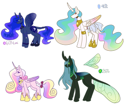 Size: 965x828 | Tagged: safe, artist:flowercatbutters, imported from derpibooru, princess cadance, princess celestia, princess luna, queen chrysalis, alicorn, changeling, changeling queen, pony, bow, clothes, collar, curved horn, cutie mark, ethereal mane, female, headcanon in the description, horn, jewelry, leonine tail, mare, missing cutie mark, redesign, regalia, see-through, see-through skirt, simple background, size comparison, skirt, starry mane, tail bow, transparent background