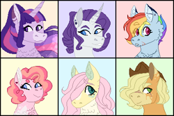 Size: 392x262 | Tagged: safe, artist:flowercatbutters, imported from derpibooru, applejack, fluttershy, pinkie pie, rainbow dash, rarity, twilight sparkle, alicorn, pony, alternate hairstyle, bust, chest fluff, coat markings, curved horn, ear piercing, earring, eye clipping through hair, eye scar, female, hair over one eye, horn, jewelry, looking at you, mane six, mare, piercing, pixel art, redesign, scar, smiling, twilight sparkle (alicorn)