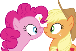 Size: 8987x6014 | Tagged: safe, artist:schmuzart, imported from derpibooru, applejack, pinkie pie, earth pony, pony, pinkie apple pie, .svg available, boop, duo, duo female, eye contact, female, looking at each other, mare, nose wrinkle, noseboop, simple background, transparent background, vector